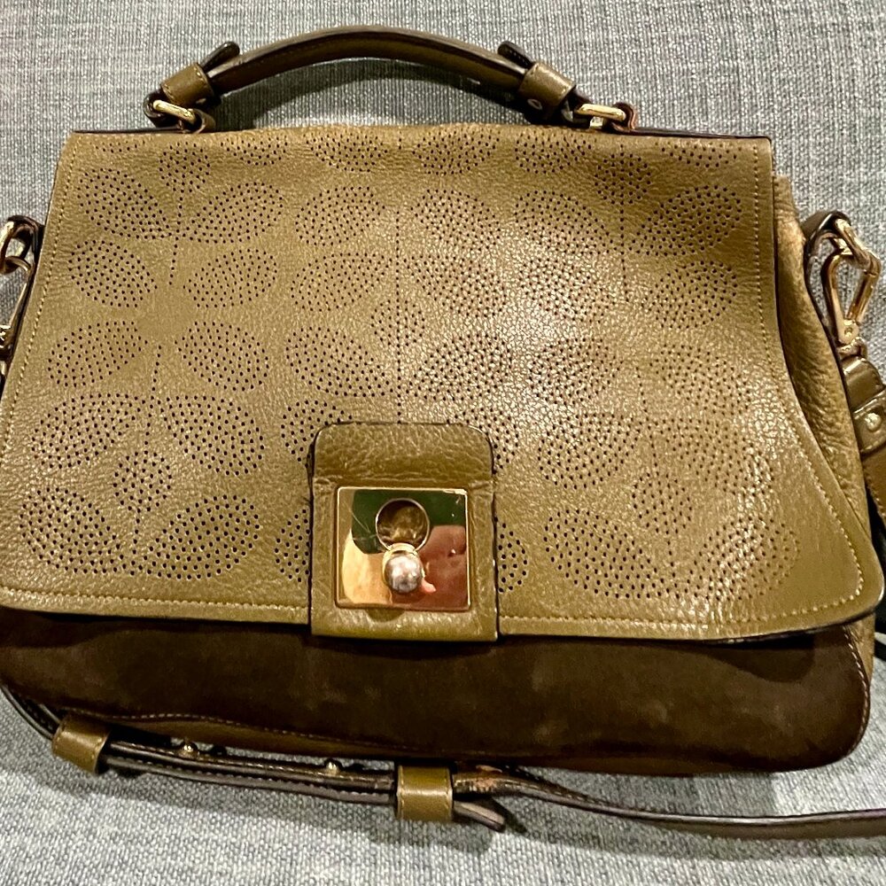 Orla Kiely Stem Olive Green Punched Leather Crossbody Messenger Bag